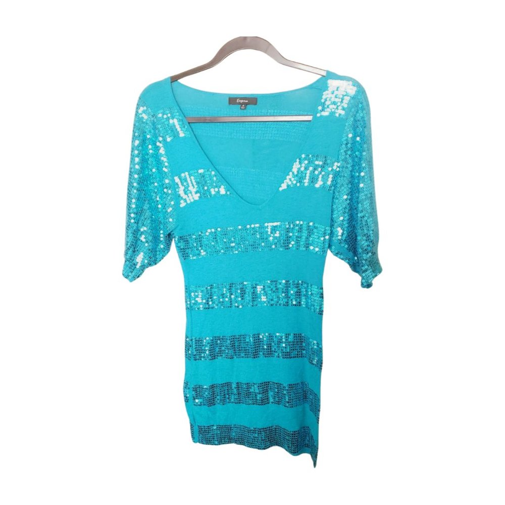 Express Aqua Sequin Striped Mini Top/Dress – Size S - Picture 12 of 12